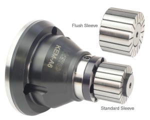 Verktygshållare med två utbytbara hylsor märkta "Flush Sleeve" och "Standard Sleeve.